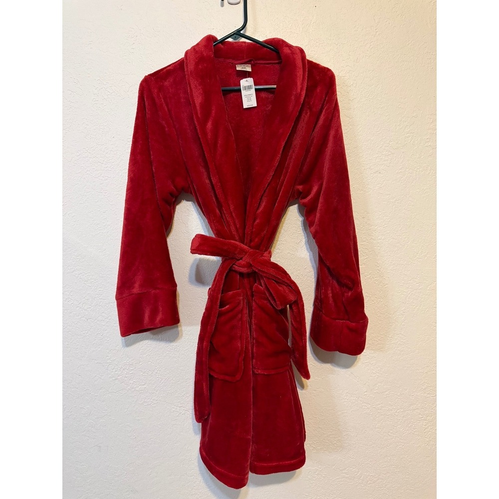 Soma Embraceable Plush Short Robe Raphael Red Soft Fleece Belted Pockets S/M NEW